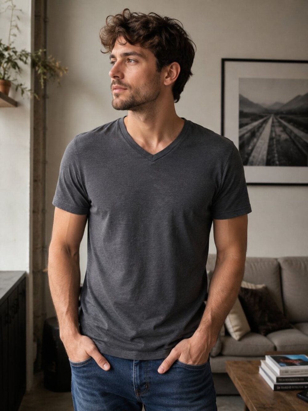 J.Crew Dark Gray Distressed V-Neck Tee Large Casual Minimalist